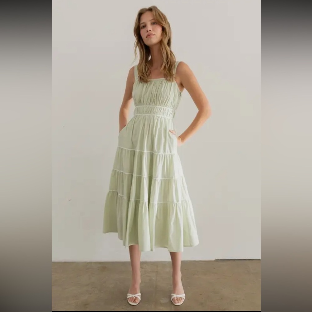 Tiered Green Midi Dress with Gathered Bodice